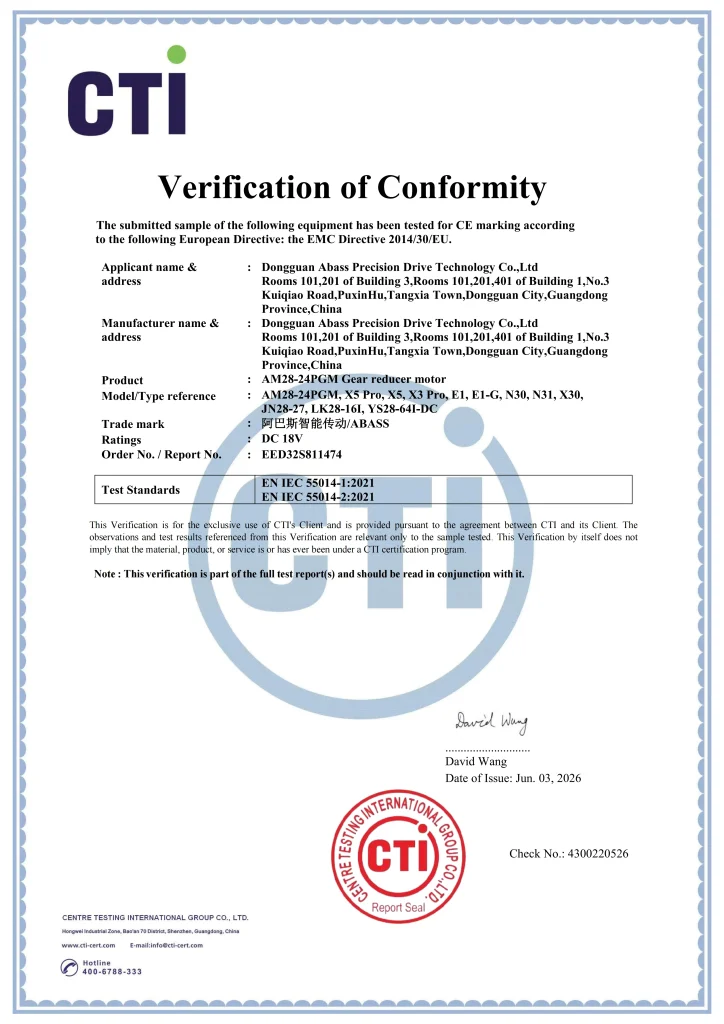 CTI Verification of Conformity – AM28-24PGM Gear Reducer Motor (EED32S811474)