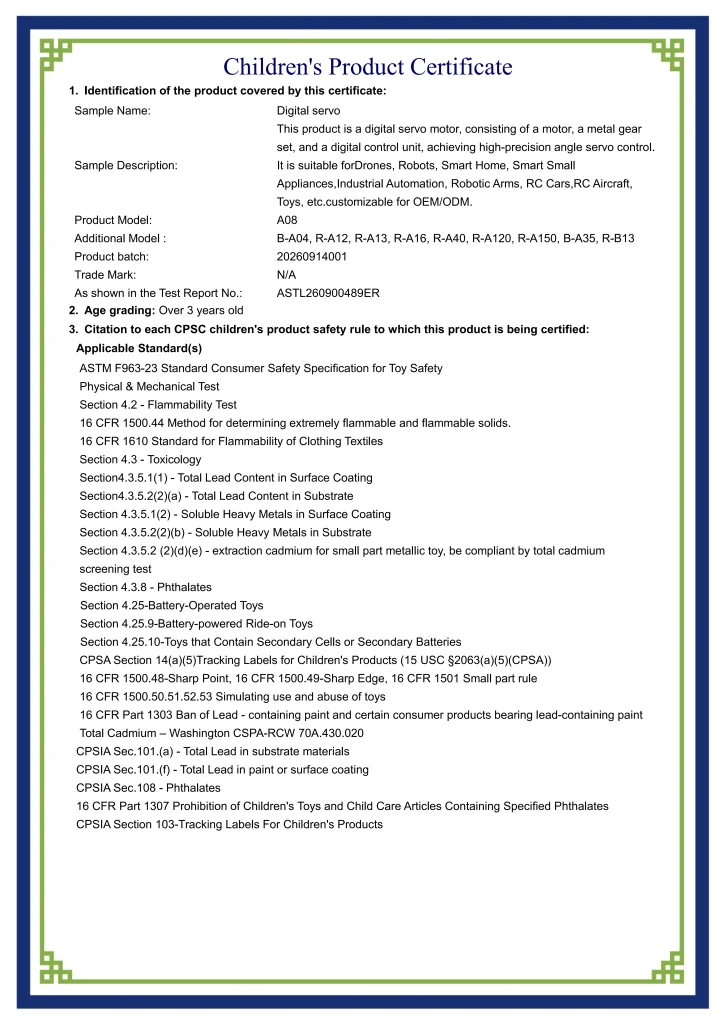 Digital Servo (R-A08) – CPC Certificate – ASTL260900489ER(1)