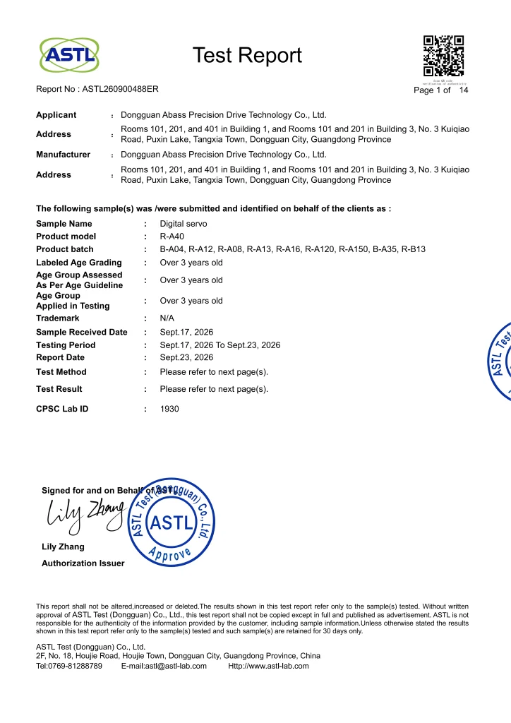 Digital Servo (R-A08) – EU CE-TOY (EN71 + EN 62115) – Report – ASTL260900488ER_01