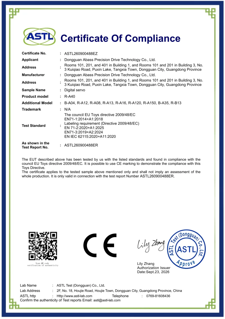 Digital Servo (R-A08) – EU CE-TOY (EN71 + EN 62115) – Certificate – ASTL260900488EZ_01